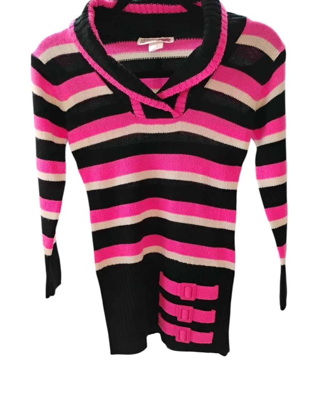 Derek Heart Black, Hot Pink & Cream Striped Cowl Neck Sweater SZ S 7/8